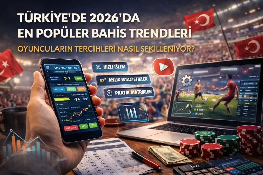 Türkiye’de 2026 bahis trendlerini yansıtan sahne; canlı istatistikli mobil bahis uygulaması, hızlı işlem ve kullanıcı deneyimi odaklı grafikler, arka planda futbol maçı ve analiz ekranları